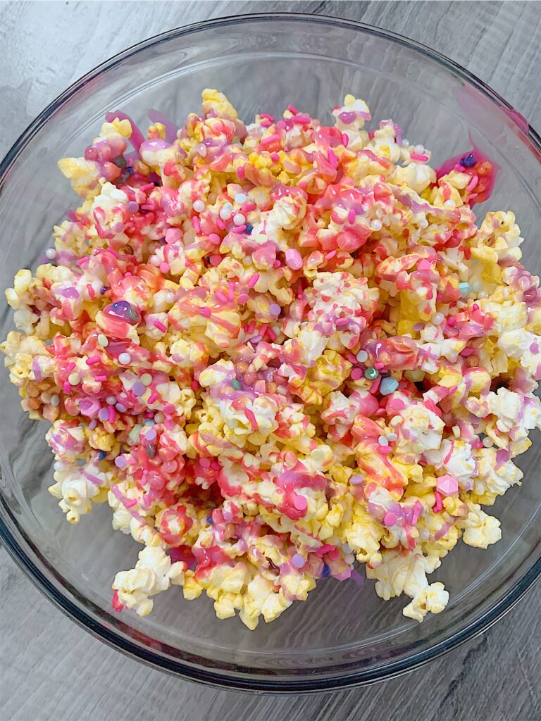unicorn popcorn, unicorn food, unicorn party, pink and purple, girl mom