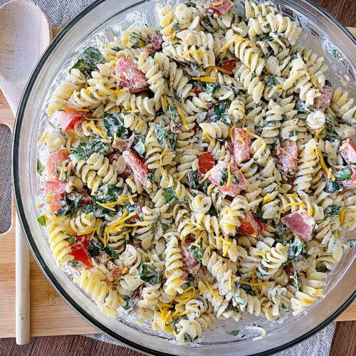 BLT Pasta Salad in a bowl on a table