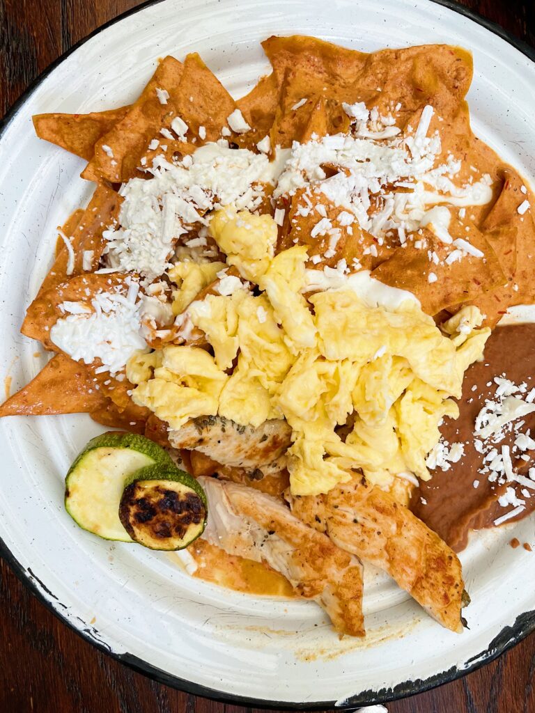 Chilaquiles with Scrambled Eggs and Chicken