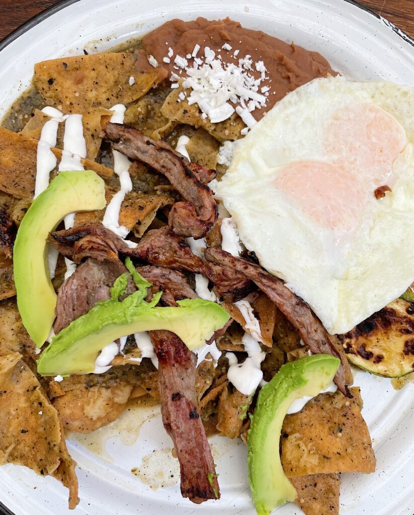 Chilaquiles with Steak and Egg in a Green Sauce