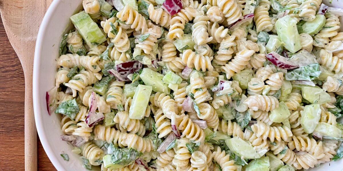 cucumber pasta salad, tzatziki pasta salad, easy pasta salad recipe