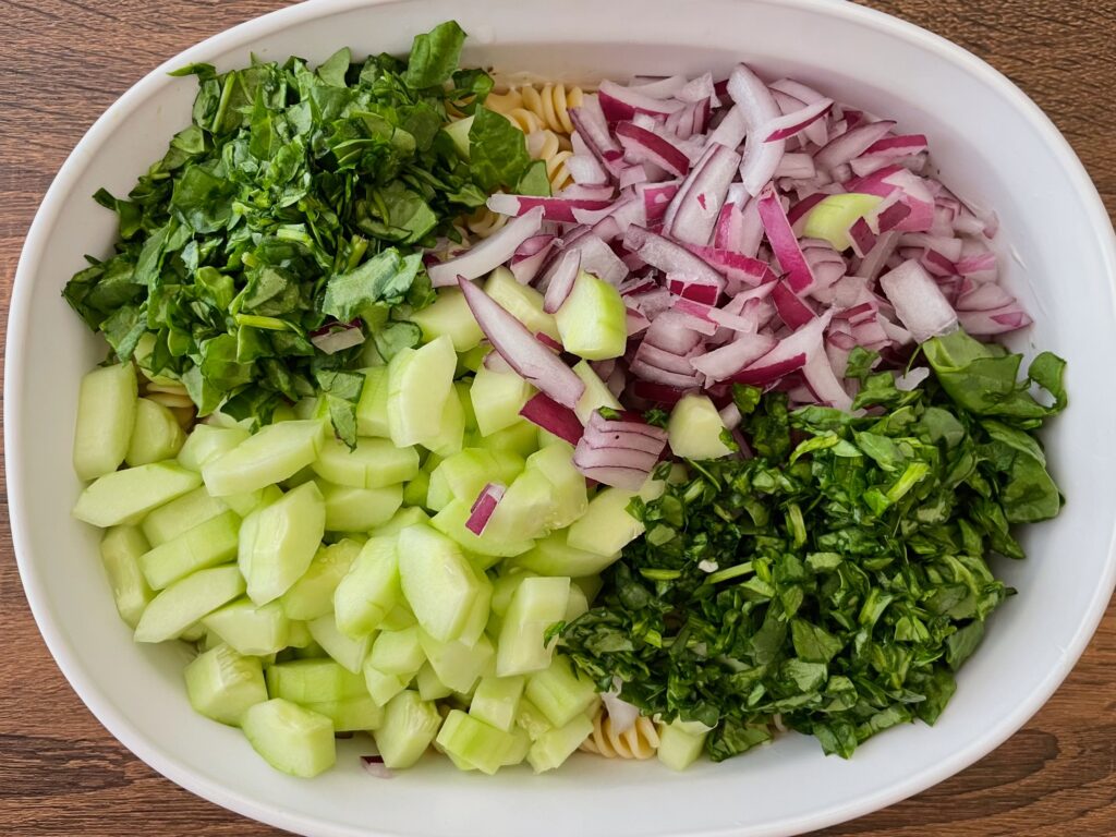 cucumber pasta salad, tzatziki sauce, easy pasta salad recipes