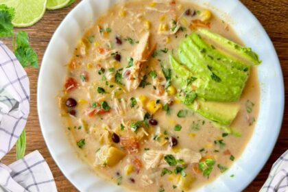 white bowl of chipotle chicken corn chowder soup