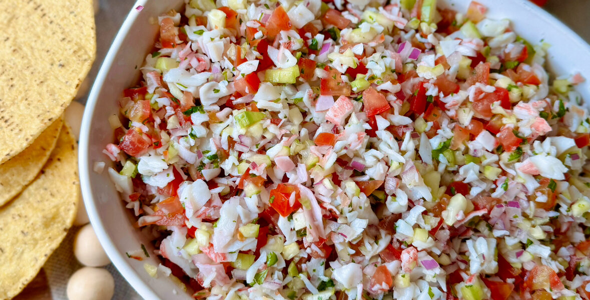 large bowl with crab ceviche and tostadas