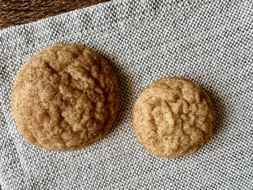 One large churro cookie and one small churro cookie next to each other