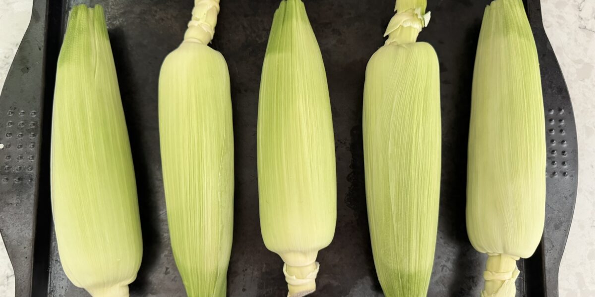 5 ears of corn with green husks on laying on a baking sheet