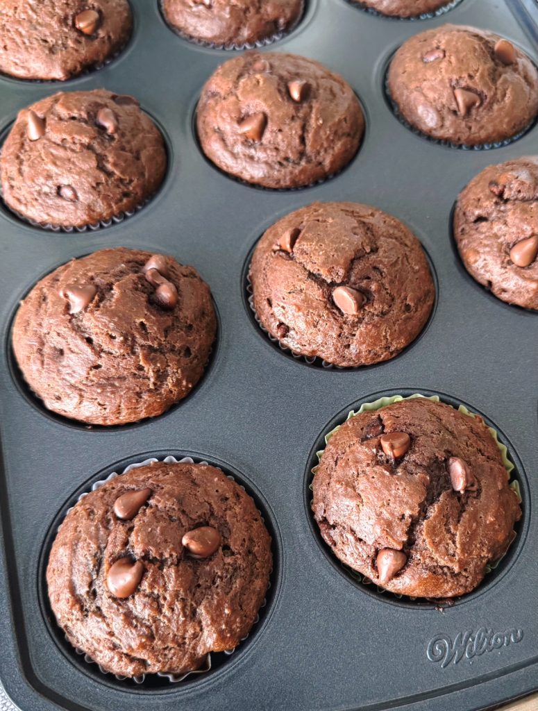 Freshly baked chocolate Greek yogurt muffins in the muffin tin, photographed from a side angle