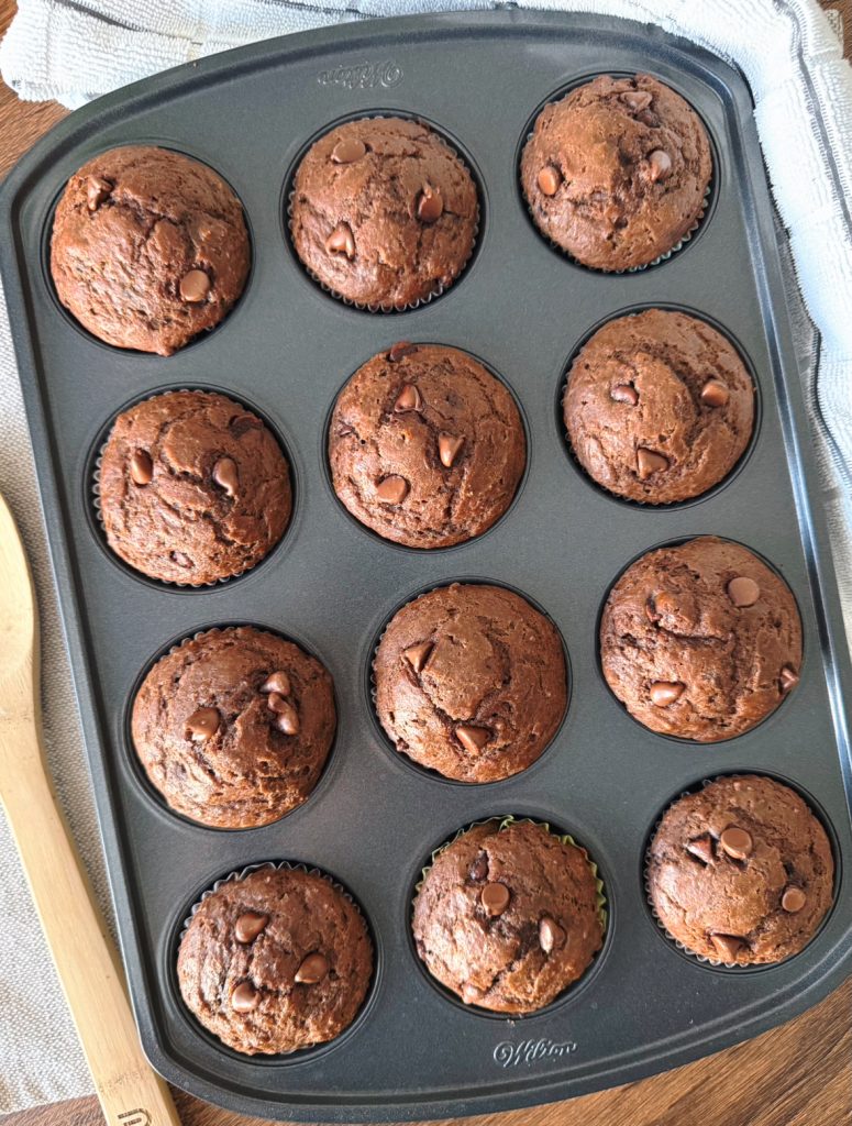 Overhead view of chocolate Greek yogurt muffins fresh out of the oven, still in the muffin tray.