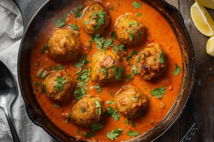 Turkey tikka masala meatballs simmering in a creamy orange sauce inside a black skillet, garnished with fresh cilantro.