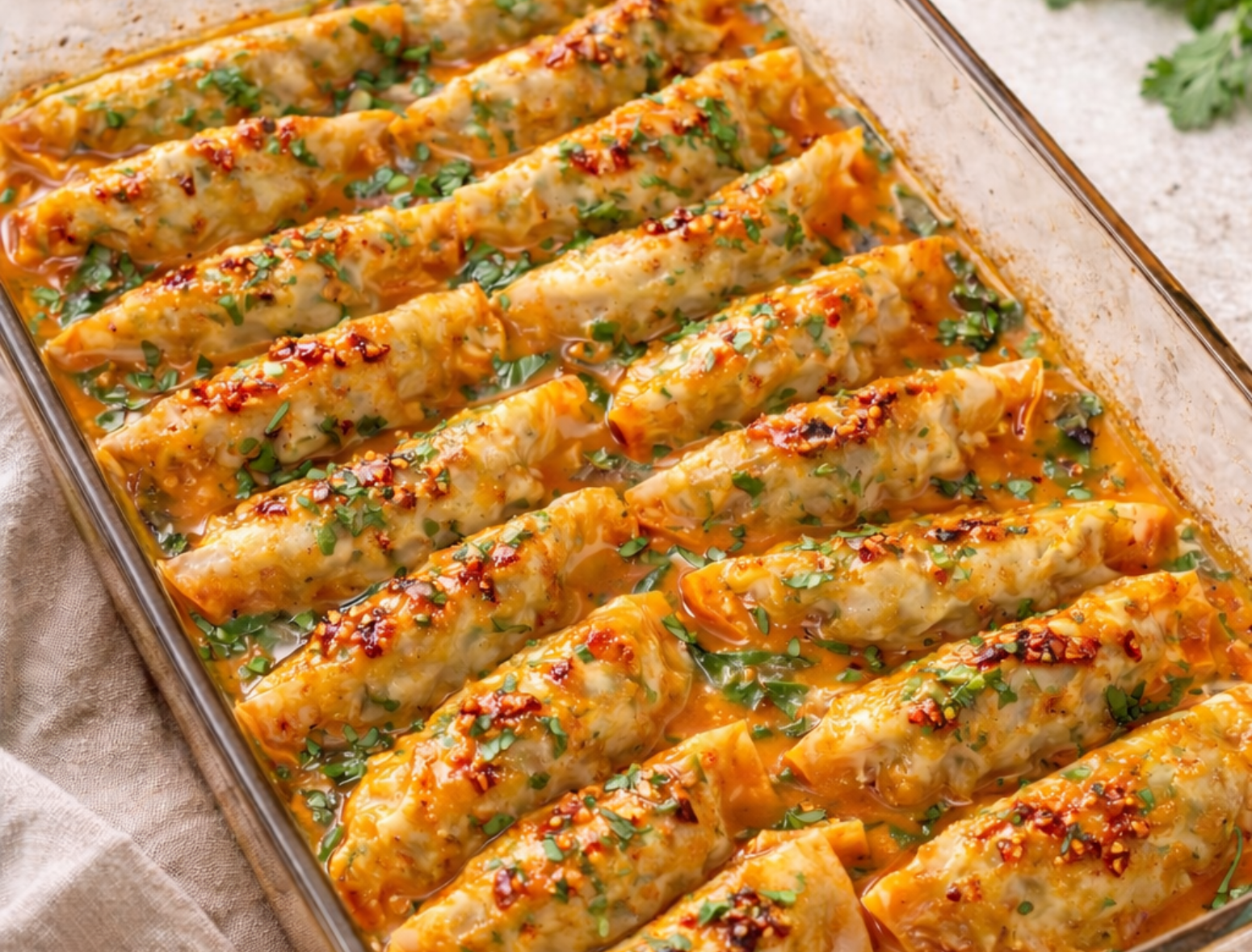 viral dumpling bake in a glass casserole dish