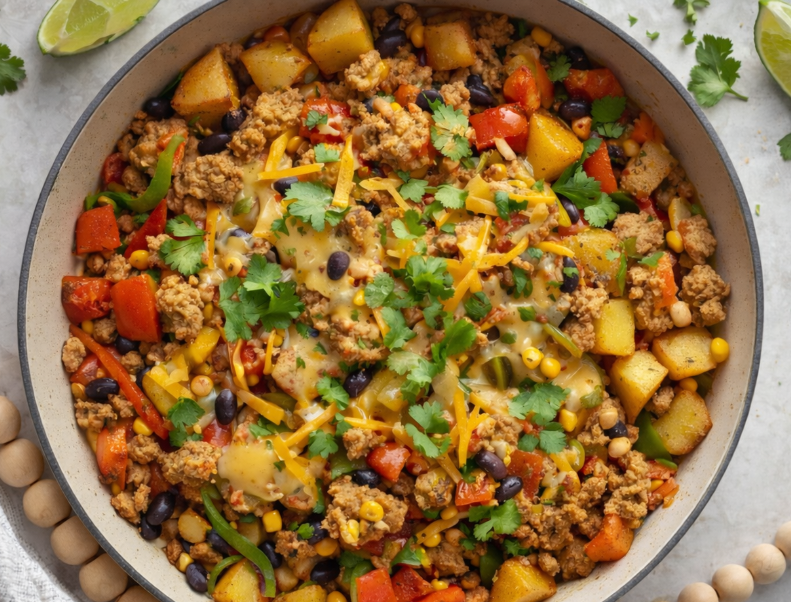Overhead shot of a one pot ground turkey and potato skillet with black beans, corn, bell peppers, and melted cheese.