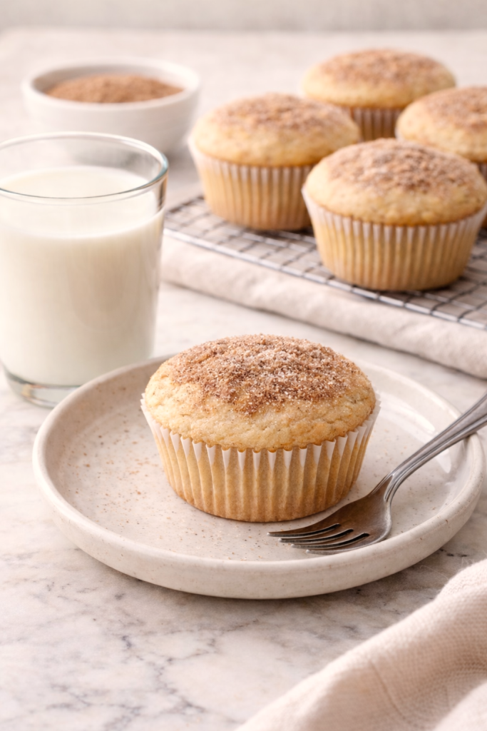 churro kodiak protein muffin on a small plate next to a glass of milk