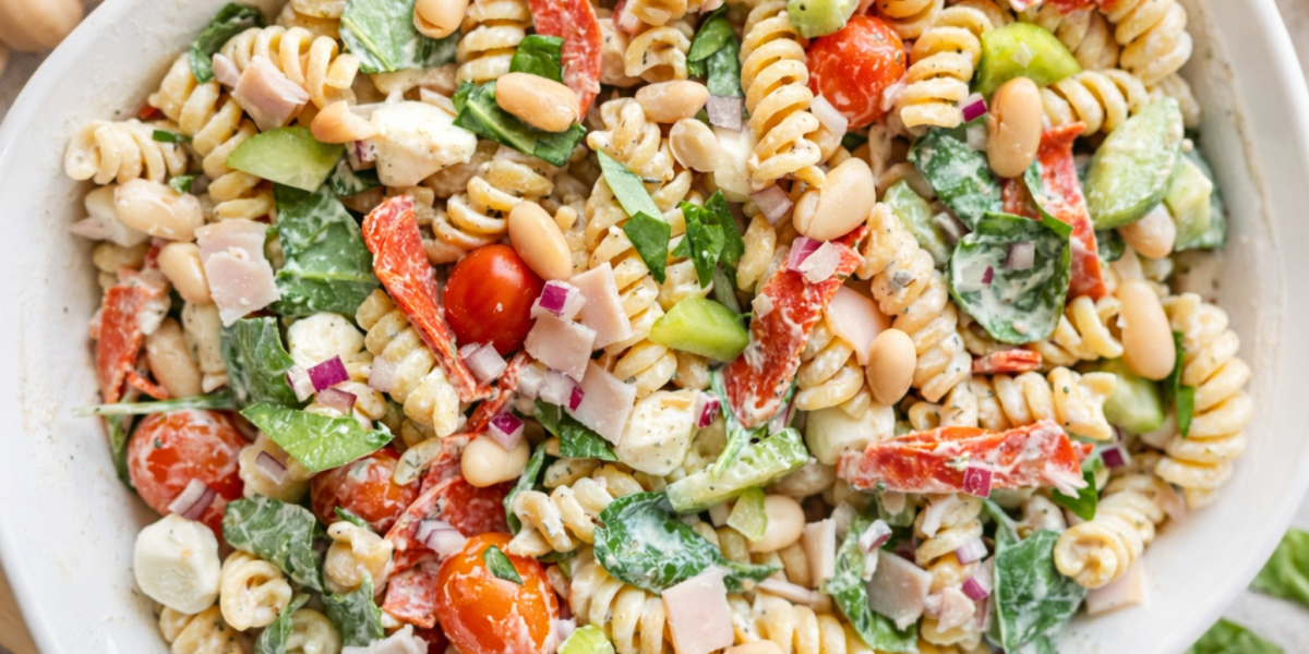 Close-up of high-protein Italian grinder pasta salad with rotini, turkey, pepperoni, beans, tomatoes, spinach, and mozzarella in a white bowl.