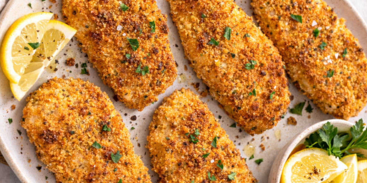 large white serving tray with crispy oven fried chicken garnished with lemon and parsley