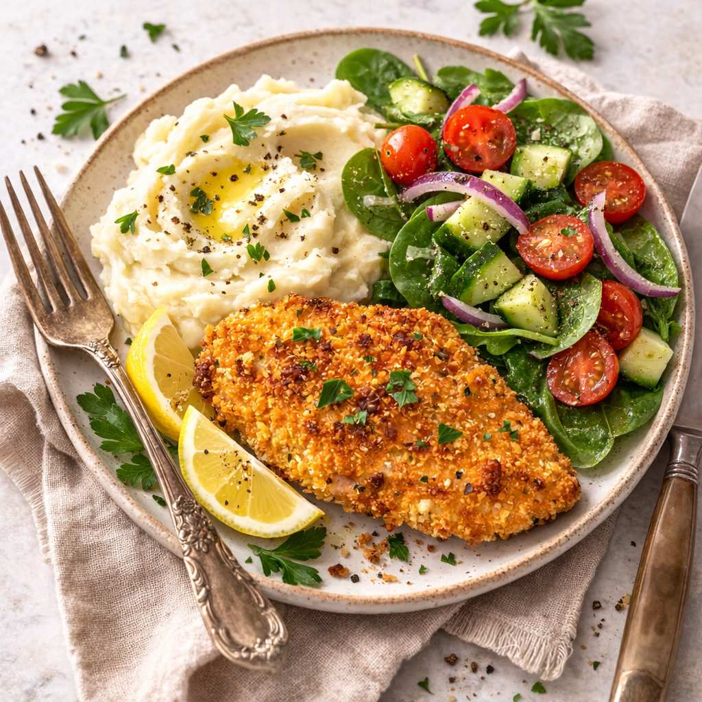 easy oven fried chicken breast plated with mashed potatoes and a side salad