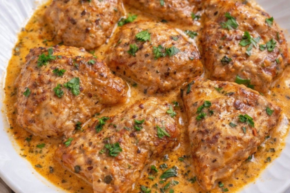 simple white plate with whole pieces of slow cooker creamy garlic parmesan chicken