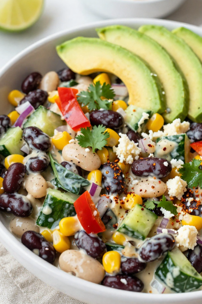 Creamy chipotle bean salad in a bowl with black beans, corn, fresh vegetables, and avocado slices on the side.