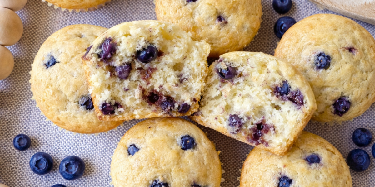 Lemon blueberry Greek yogurt protein muffins with one muffin cut in half showing fluffy texture and baked blueberries.