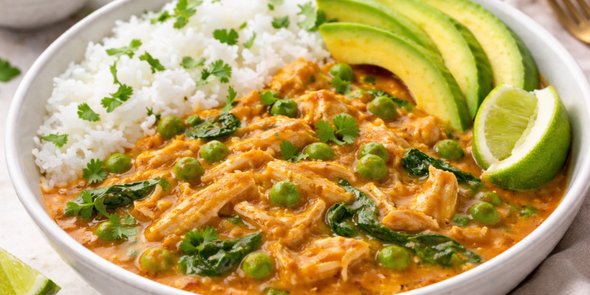 Slow cooker coconut curry chicken served with rice, avocado, lime wedges, peas, and spinach in a creamy curry sauce.