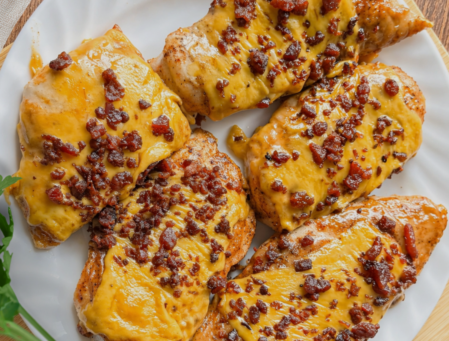close up of alice springs chicken with honey mustard sauce, melting cheddar cheese and bacon pieces