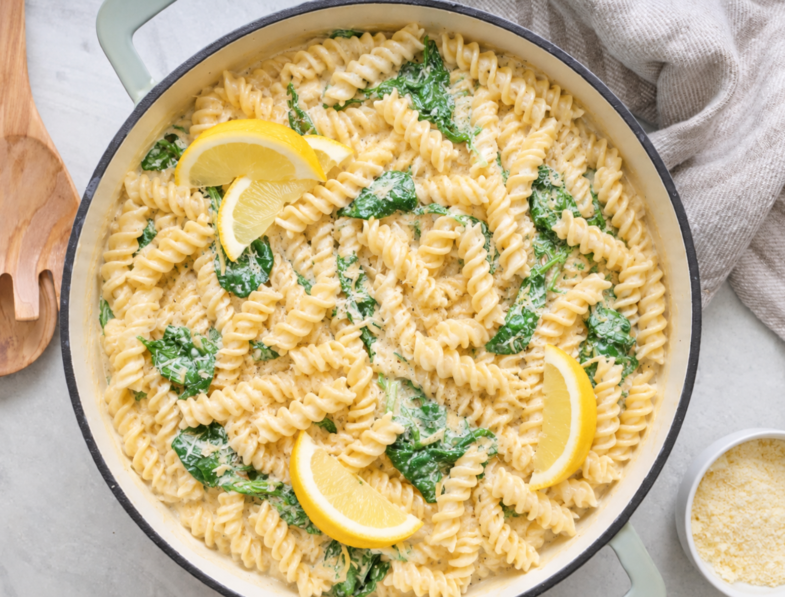 overhead shot of a skillet with creamy lemon ricotta pasta with spinach and hot honey