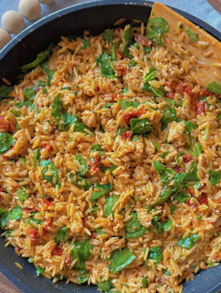 large skillet with marry me ground turkey orzo