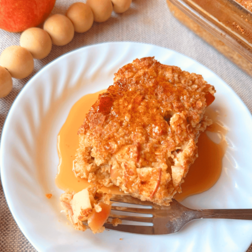 single serving of apple cinnamon oatmeal bake with maple syrup on top
