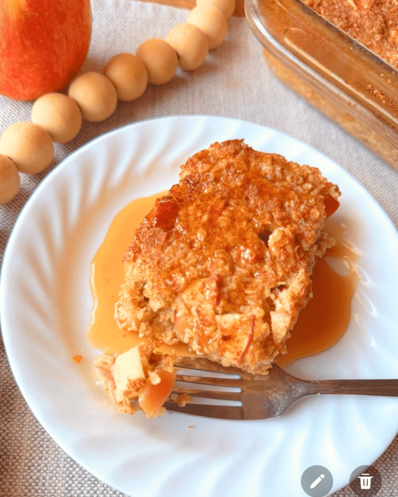 single serving of apple cinnamon oatmeal bake with maple syrup on top
