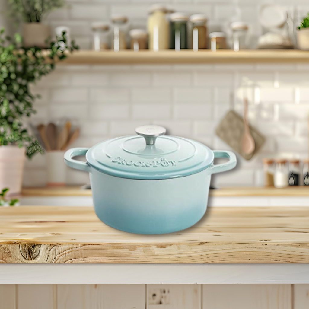 crock pot aqua blue dutch oven in an aesthetic kitchen
