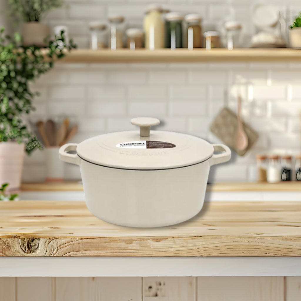 Cuisinart Chef's Classic Enameled Cast Iron Dutch Oven with Lid on a nice counter in a kitchen