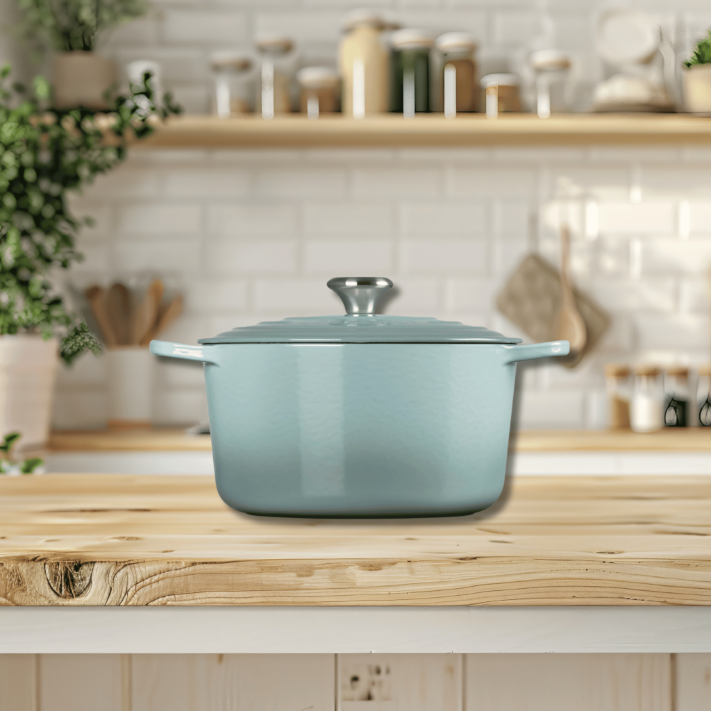le creuset turquoise dutch oven on a wooden counter in a kitchen