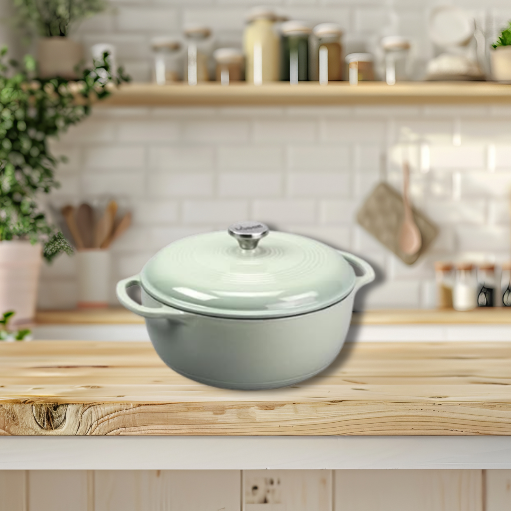light turquoise lodge dutch oven in a nice kitchen on a countertop