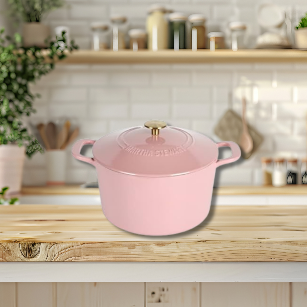 pretty light pink martha stewart dutch oven on kitchen counter