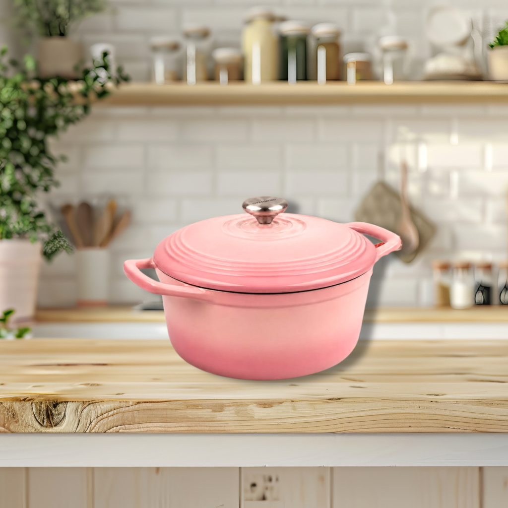 overmont pink cast iron dutch oven on a countertop