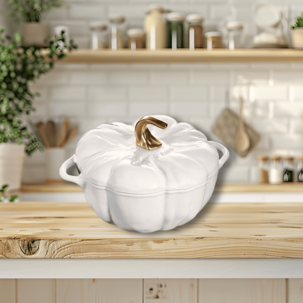 Staub Cast Iron 3.5 Qt Pumpkin Dutch Oven, Cocotte in an aesthetic kitchen