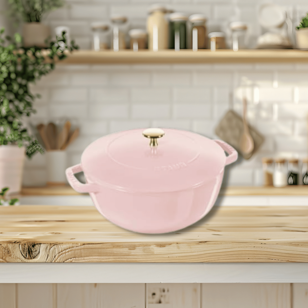 Staub Cast Iron Essential Dutch Oven sitting on a wooden counter in a kitchen