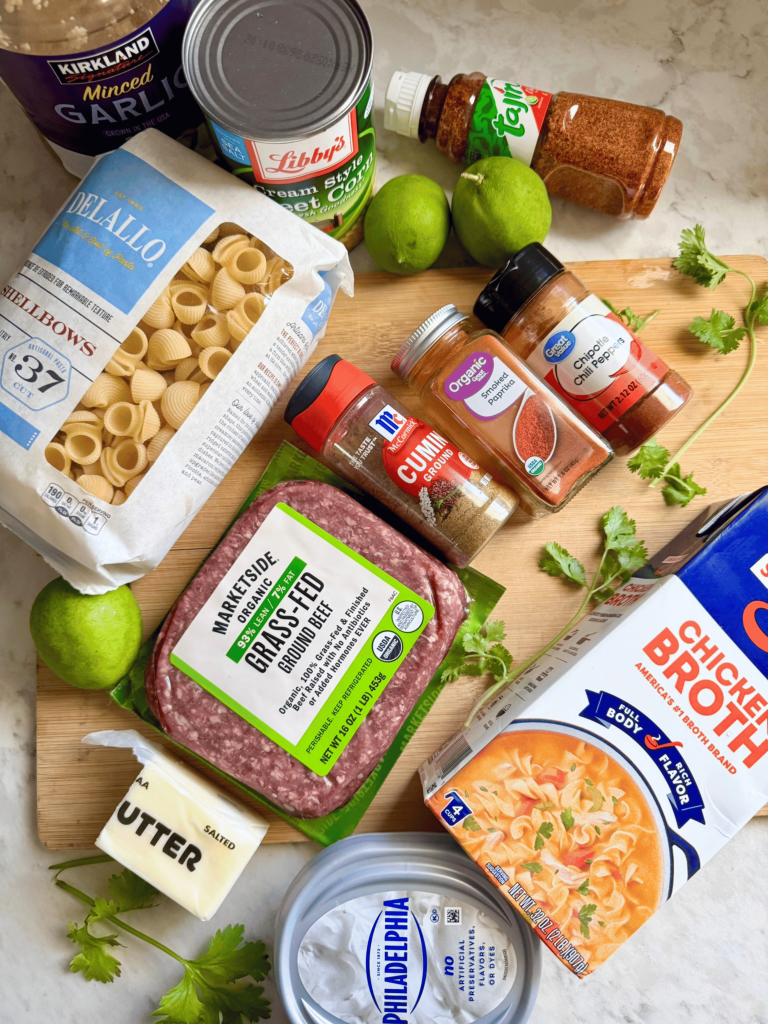 ingredients for creamy chipotle lime beef pasta laid out on a white counter