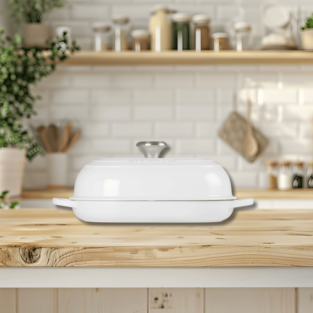 white le creuset bread dutch oven on a wooden countertop