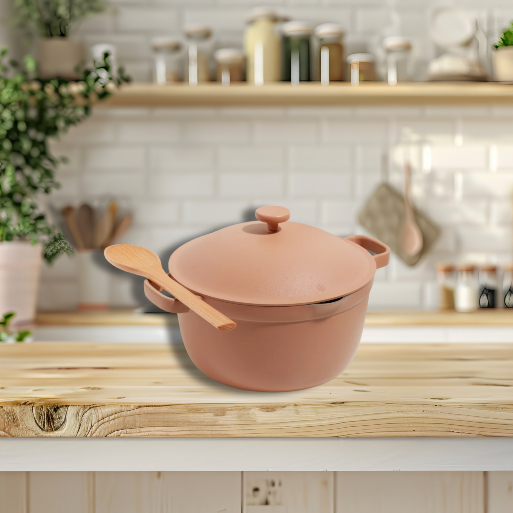 our place ceramic pot in kitchen on a wooden counter top