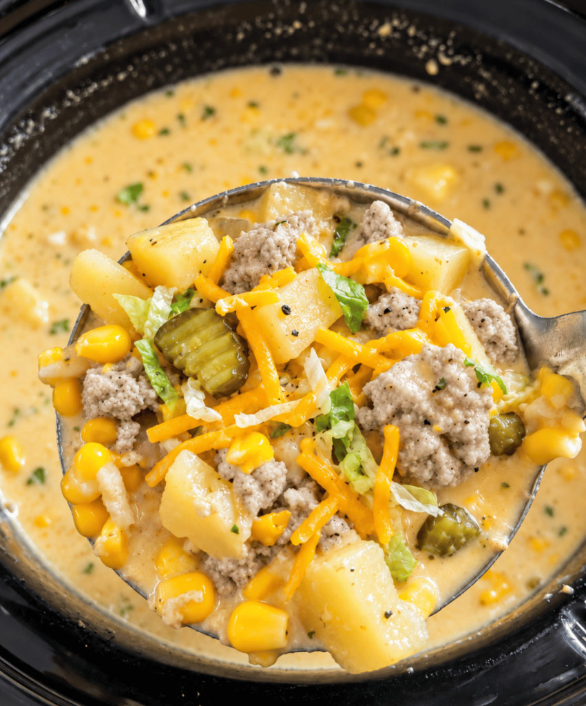close up shot of creamy turkey cheeseburger soup in a large soup ladle